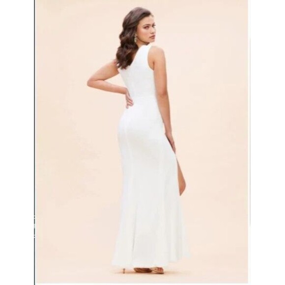 Dress The Population Women's Off White Sandra Crepe Stretch V-Neck Slit Sz S - Picture 3 of 9